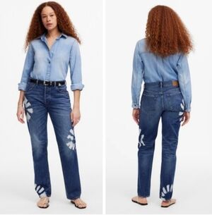 Madewell The Dean Easy Straight Jeans Tie-Dye Detail Boho Western Hippie 31